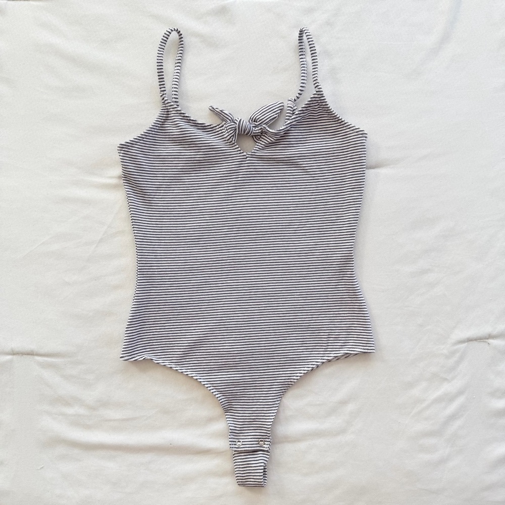 Garage Navy and White Striped Tie-Front Bodysuit